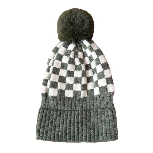 Bubu Checker Pom Beanie Kids Size Medium 1-6 Years Olive Green - Picture 4 of 6